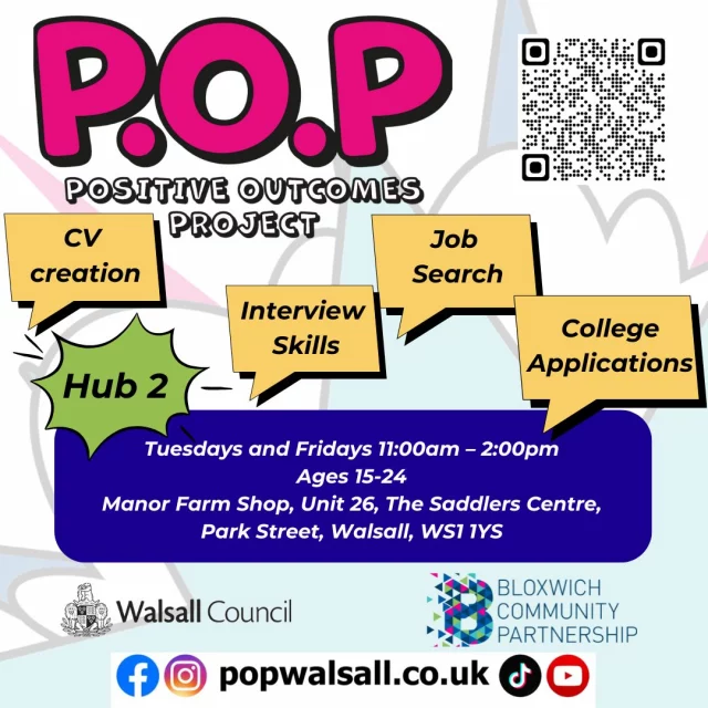 Hub 2 - Manor Farm Shop, Unit 26, The Saddlers Centre. Park Street. WalsHub 2 - Manor Farm Shop, Unit 26, The Saddlers Centre. Park Street. Wals#jobsearchingall. WS1 1YS
#freeactivities #youth #bloxwichcommunitypartnership #walsall #safespaces4youth #POPWalsall #LearnNewSkills #popwalsall #lifeskills #empowering #youthdevelopment #Walsall #cvcreation #education #jobsearching
