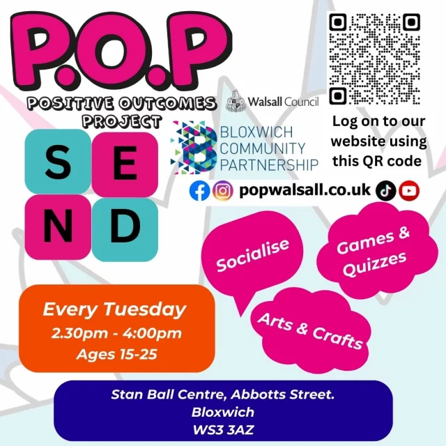 POP's SEND Hub will be open today at 2.30pm.
Please come along and check out our latest POP Hub. 
Weekly, every Tuesday
📍SEND Hub - Stan Ball Centre, Abbotts Street. Bloxwich. WS3 3AZ
⏰ 2.30pm - 4pm
#freeactivities #youth #bloxwichcommunitypartnership #walsall #safespaces4youth #POPWalsall #LearnNewSkills #popwalsall #lifeskills #empowering #youthdevelopment #Walsall