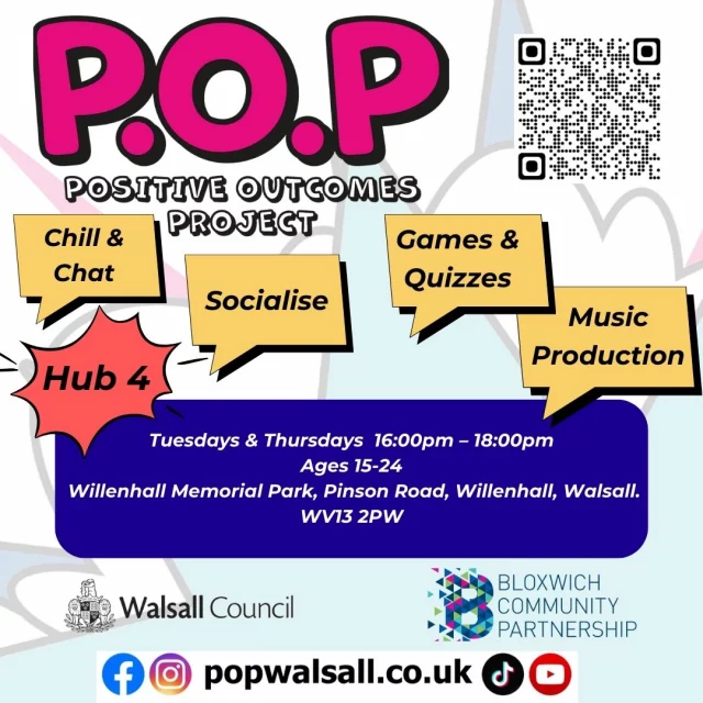 Hub 4 is open every Tuesday & Thursday each week.
Please come along later today and check out our latest POP Hub. 
With free music production & boxing training. 
📍Hub 4 - Willenhall Pavilion, Willenhall Memorial Park, Pinson Road, Walsall, WV13 2PW 
⏰ 4pm - 6pm
#freeactivities #youth #bloxwichcommunitypartnership #walsall #safespaces4youth #POPWalsall #LearnNewSkills #popwalsall #lifeskills #empowering #youthdevelopment #Walsall