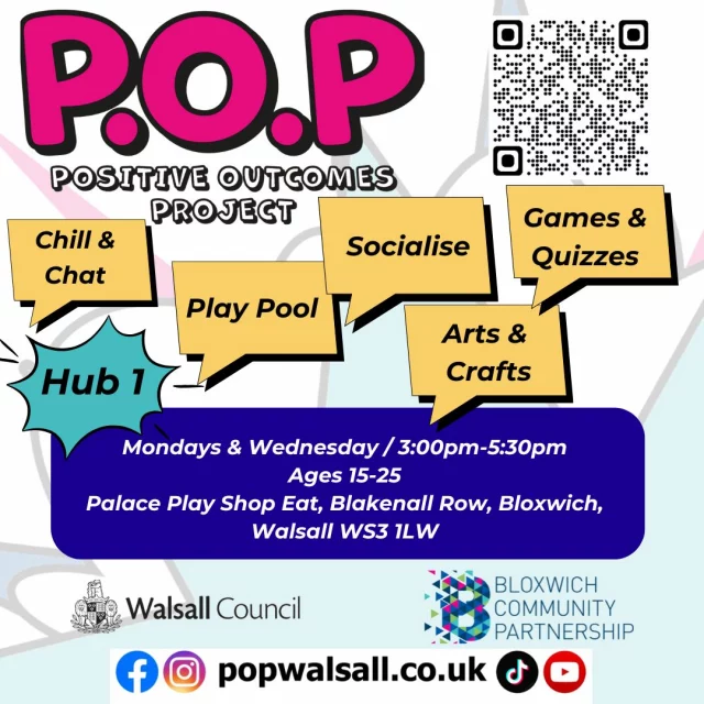 Come down to Hub1 and join us to play some games, do some arts & crafts, have a game of pool or just have a chat. we are open every Monday & Wednesday each week. Hope to see you there.
📍Hub 1 - Electric Palace, Palace Play, Shop, Eat, Blakenall Row, Walsall, WS3-1LW 
⏰ 3-5:30pm
Palace Play, Shop, Eat
#freeactivities #youth #bloxwichcommunitypartnership #walsall #safespaces4youth #POPWalsall #LearnNewSkills #popwalsall #lifeskills #empowering #youthdevelopment #Walsall