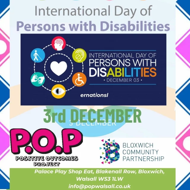 In conjunction with POP's SEND Hub, we will be celebrating the International Day for Person's with Disabilities.
Come along and check out our latest POP Hub, today and every Tuesday.
📍SEND Hub - Stan Ball Centre, Abbotts Street. Bloxwich. WS3 3AZ
⏰ 2.30pm - 4pm
#freeactivities #youth #bloxwichcommunitypartnership #walsall #safespaces4youth #POPWalsall #LearnNewSkills #popwalsall #lifeskills #empowering #youthdevelopment #Walsall